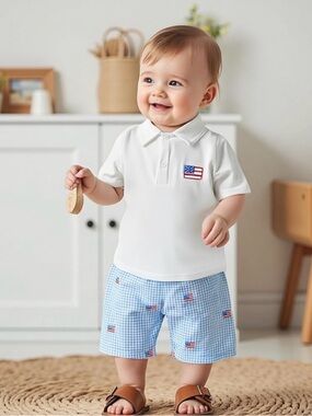 Toddler White Polo Shirt with Flag Patch